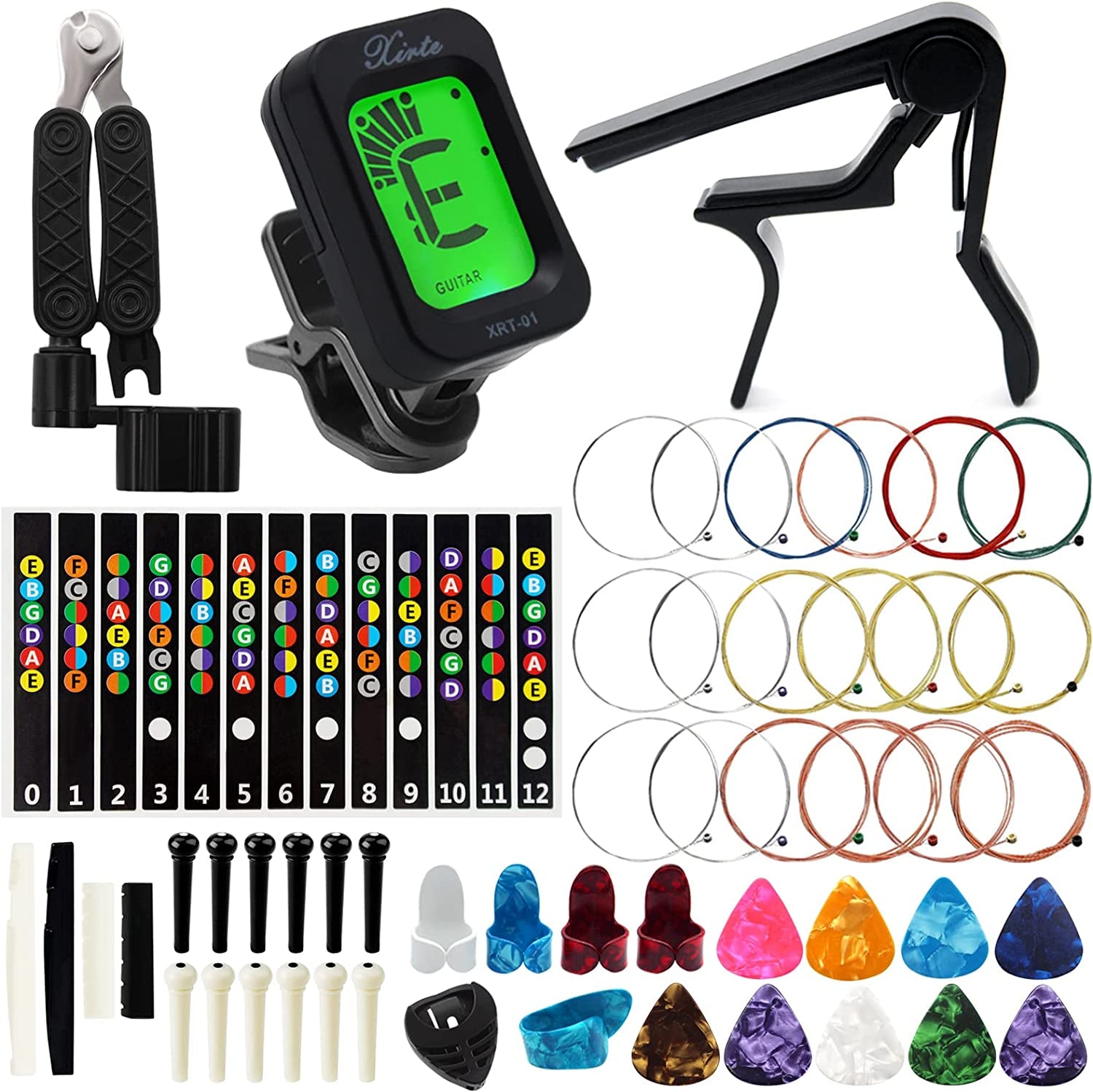 Acoustic Guitar Accessories Kit Including Acoustic Guitar Strings, Tuner, Guitar Capo, 3-In-1 Restring Tool, Guitar Picks, Pick Holder, Bridge Pins, Guitar Nuts Saddles, Finger Picks (53 Pcs)