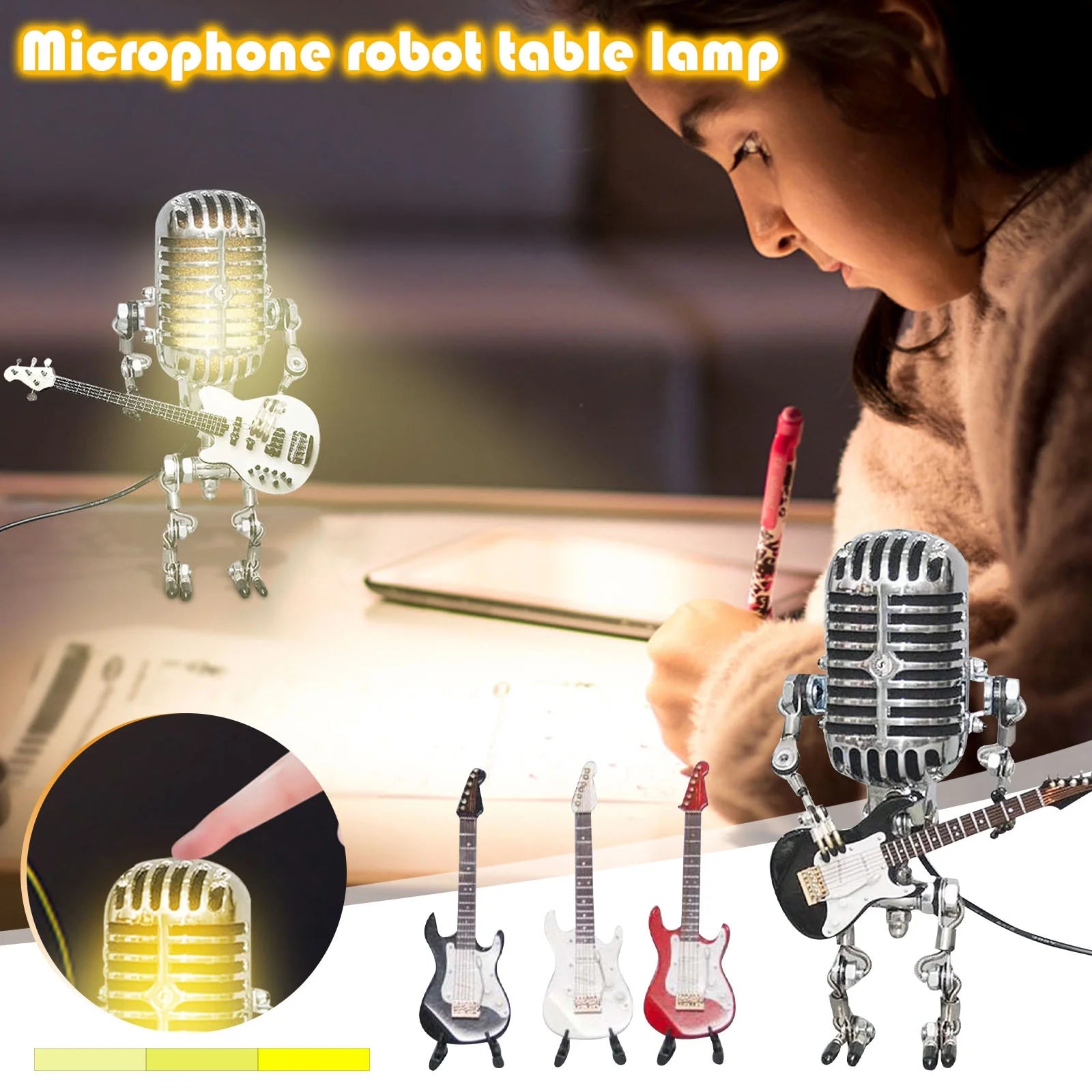 Vintage Metal Microphone Robot Desk Lamp, Vintage Microphone Guitar Robot Table Lamp Creative Robot Touch Dimmer Lamp for ?Home Office