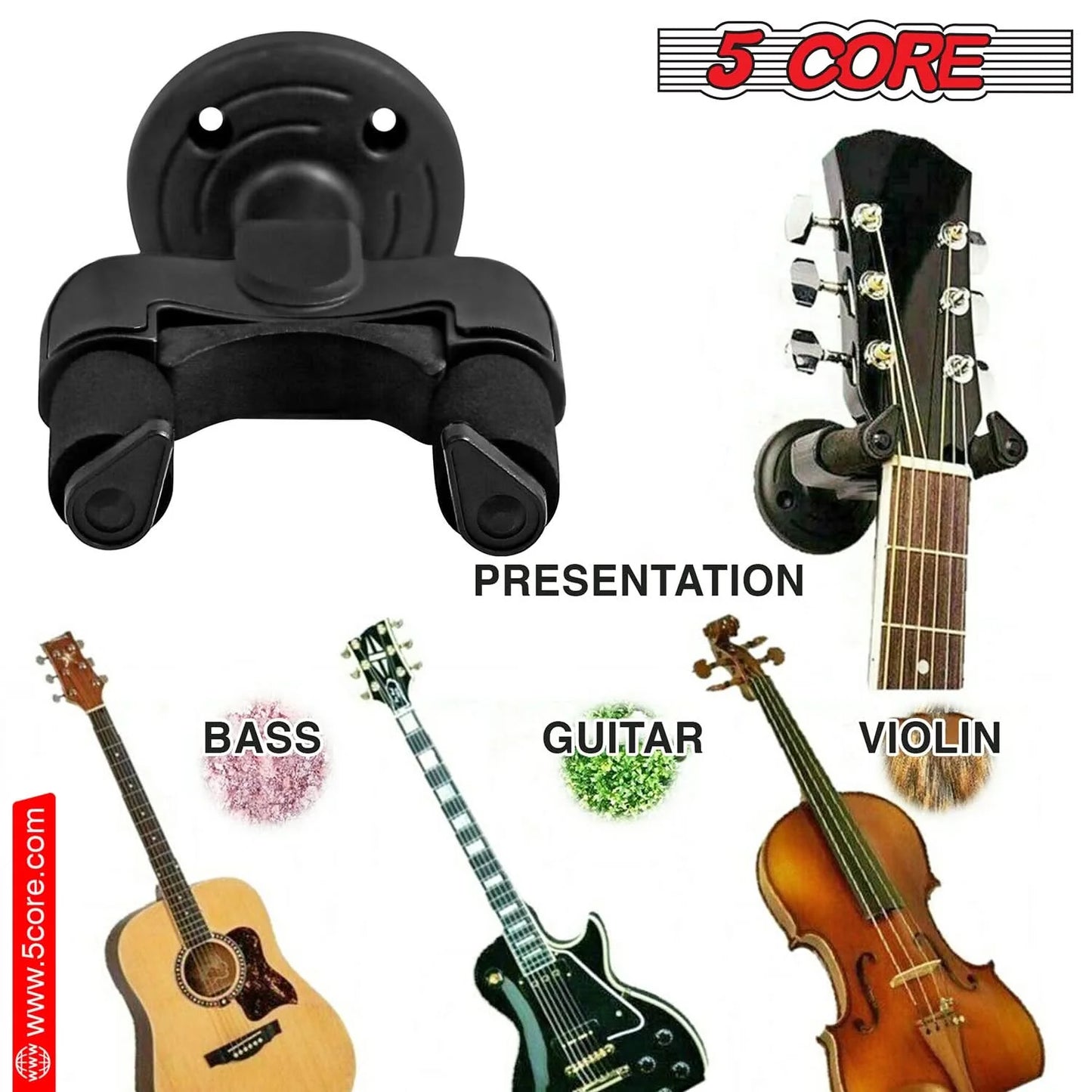 5Core Guitar Wall Mount Hanger Adjustable Display Wall Hook Holder Hard Wood Base