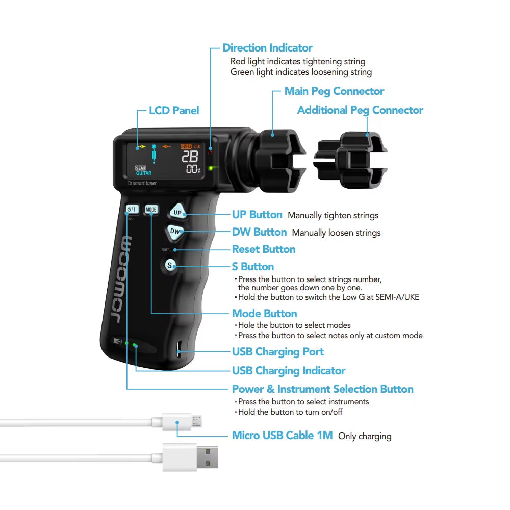 JOWOOM T2 Smart Guitar Tuner Peg String Winder for Guitar Ukulele Chromatic Tuning Built-In Rechargeable