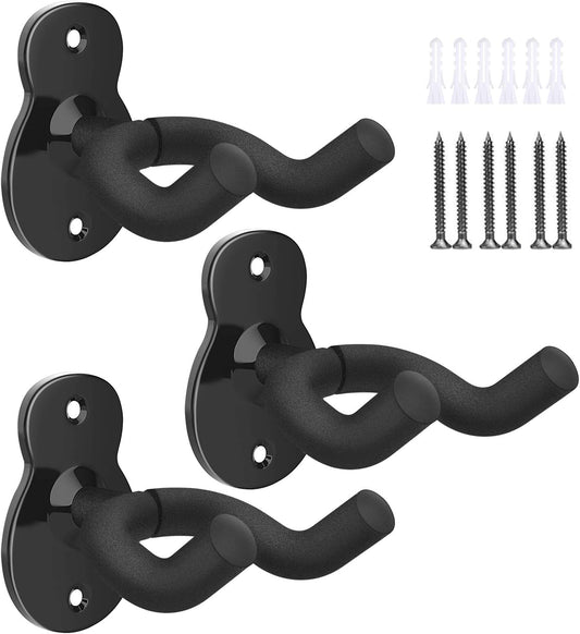 Guitar Wall Mount Hanger 3-Pack, Guitar Hanger Wall Hook Holder Stand for Bass Electric Acoustic Guitar Ukulele Guitar Wall Hanger Bracket Guitar Hanger for Studio Room - Black